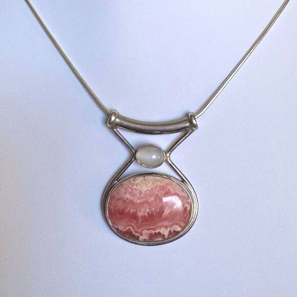 Sterling Silver Sajen Rhodochrosite Moonstone Slide Pendant Snake Chain Necklace - Picture 13 of 16